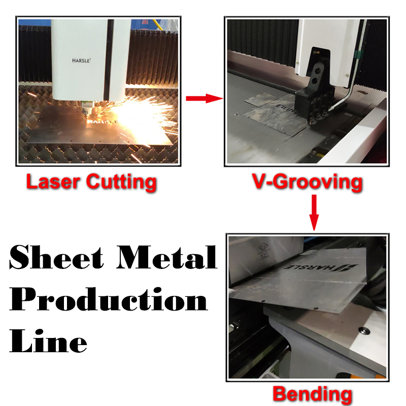 Productielijn van plaatmetalen met lasersnijmachine, CNC v Grooving Machine, CNC Press Brake