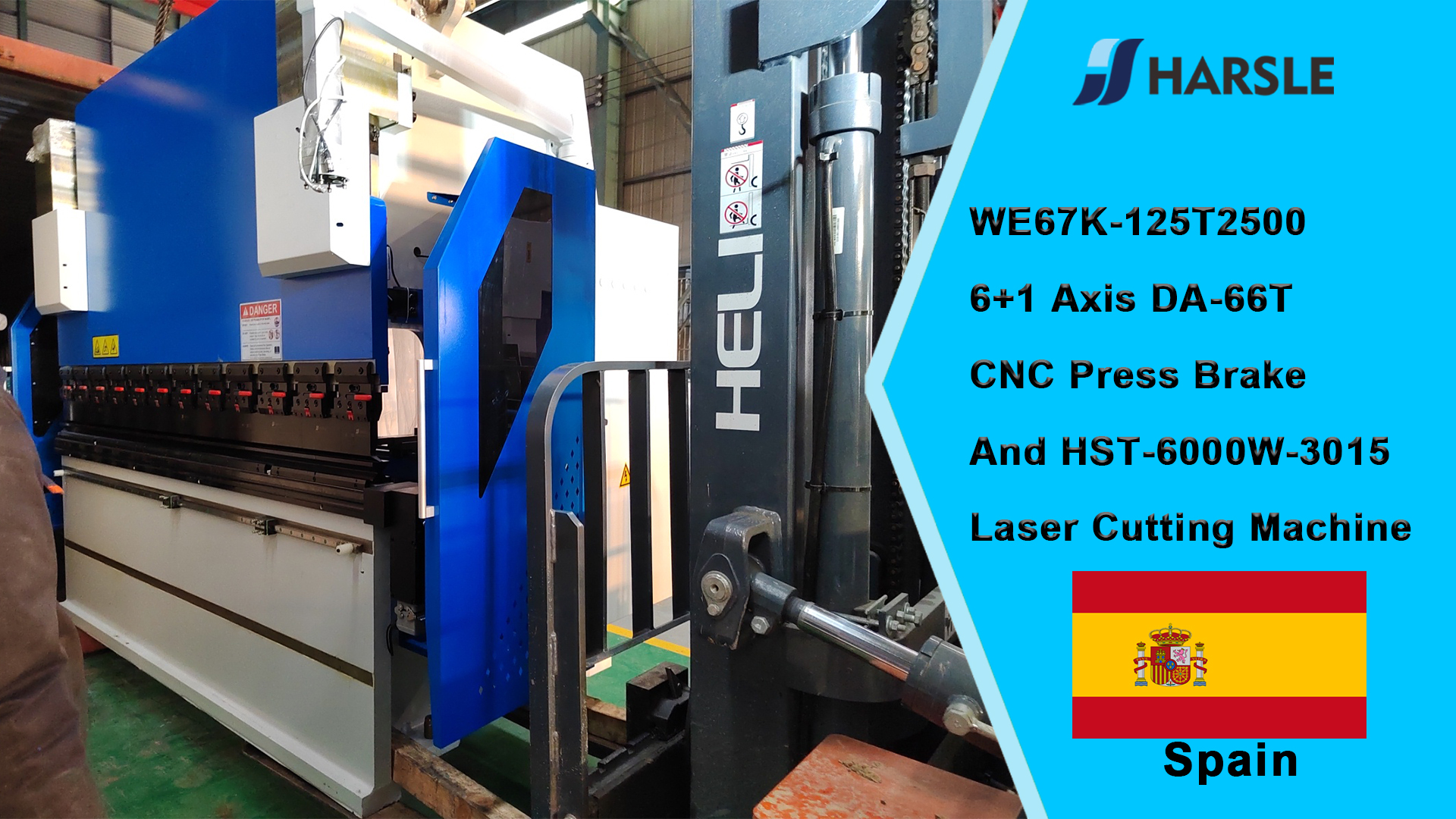 Spanje-WE67K-125T2500 6 + 1 as DA-66T CNC kantpers en HST-6000W-3015 lasersnijmachine